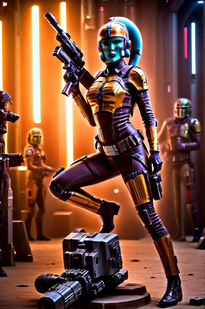 A ((female Twi'lek ))Mandalorian, detailed futuristic armor, intricate helmet, jetpack, blaster rifle, epic pose, dramatic lighting, gritty sci-fi atmosphere, cinematic, dramatic colors, highly detailed, 8k, photorealistic, masterpiece female Twi'lek