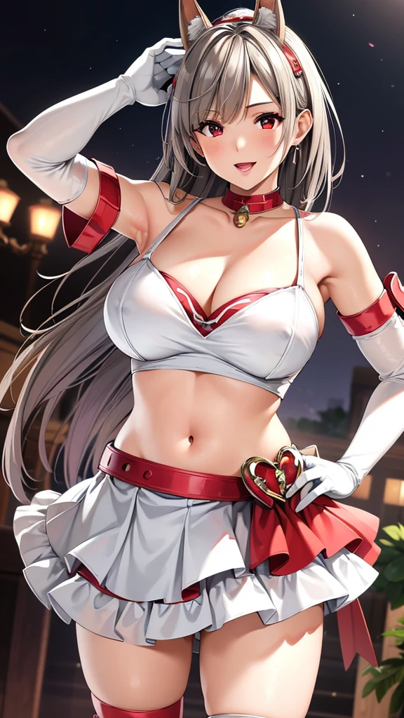 8k,best quality,masterpiece,Very detailed,Semi-realistic,a girl,White off-shoulder top,White gloves,White and red striped tight skirt,Silver wavy short hairstyle,Red eyes,Makeup Eyeshadow,Lipstick,Smile,science fiction apocalypse,Fighter warehouse,chest mecha,Large Breasts,Ears with sky wire,Arm mecha