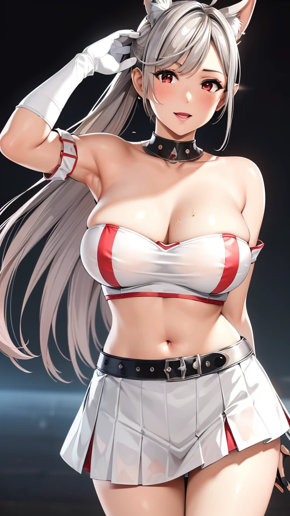 8k，best quality，masterpiece，Very detailed，Semi-realistic，a girl，White off-shoulder top，White gloves，White and red striped tight skirt，Silver wavy short hairstyle，Red eyes，Makeup Eyeshadow，Lipstick，Smile，science fiction apocalypse，Fighter warehouse，chest mecha，Large Breasts，Ears with sky wire，Arm mecha