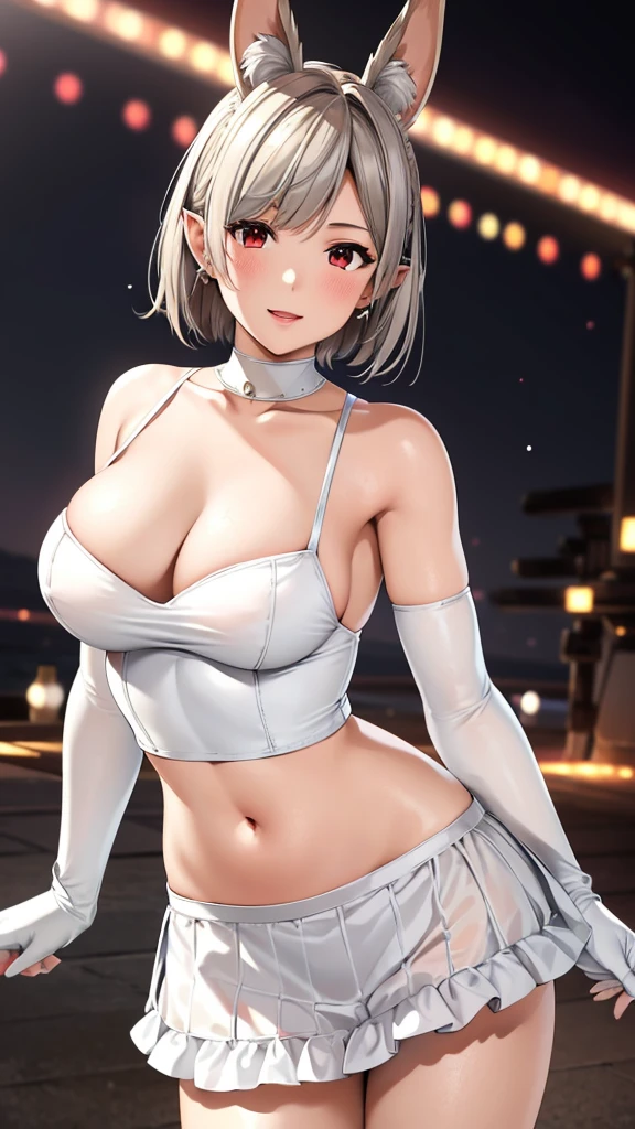 8k，best quality，masterpiece，Very detailed，Semi-realistic，a girl，White off-shoulder top，White gloves，White and red striped tight skirt，Silver wavy short hairstyle，Red eyes，Makeup Eyeshadow，Lipstick，Smile，science fiction apocalypse，Fighter warehouse，chest mecha，Large Breasts，Ears with sky wire，Arm mecha