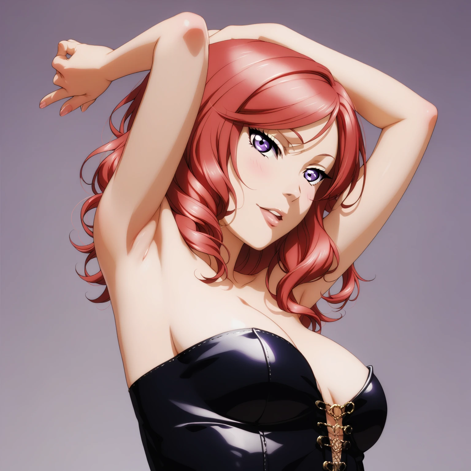 masterpiece, best quality,solo, upper body,nishikino maki,red hair, purple eyes,sexy strapless dress, standing , arms up , armpits,Sexual seduction, sexualised , simple background, busty breasts , medium breasts 