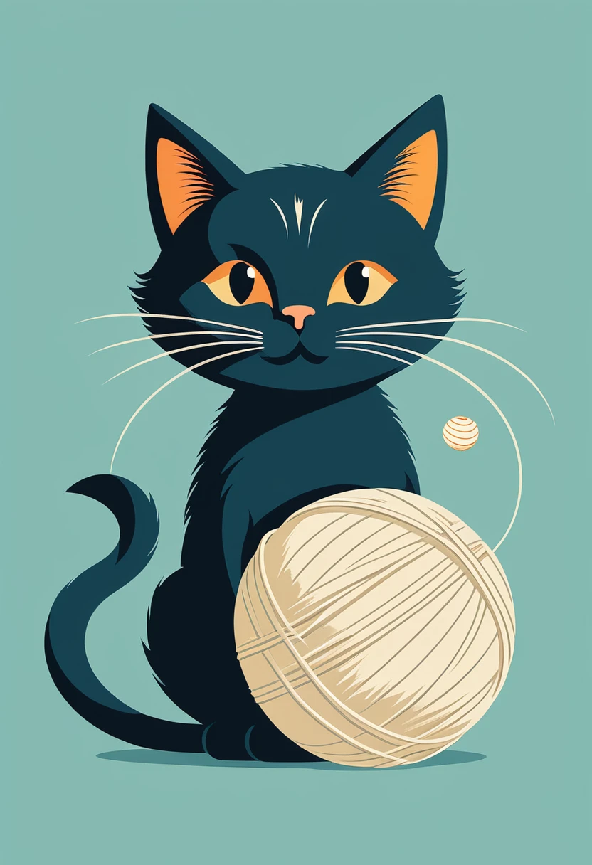 A minimalist, design with a vintage twist, featuring a sleek and stylized cat playfully batting at ball of yarn against a faded, awosome, bright.