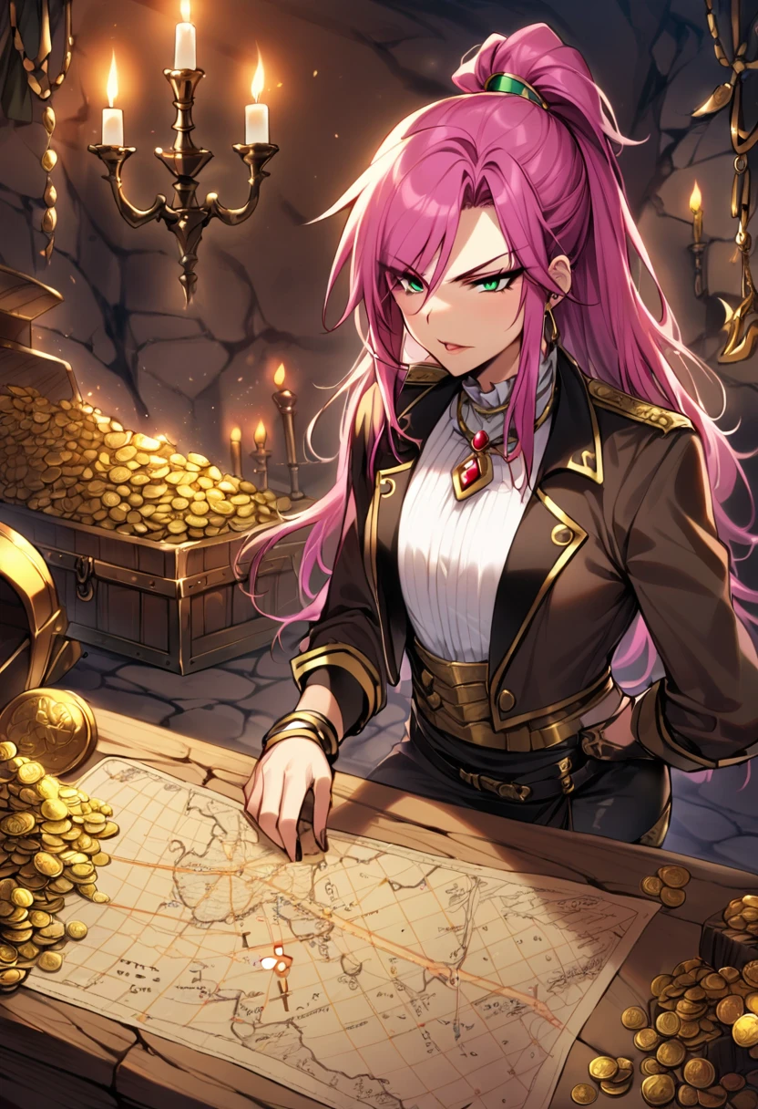 1girl, faris scherwiz, final fantasy, masterpiece, best quality, absurdres, androgynous, crossdressing, bandit leader, cave interior, treasure hoard, gold coins, jewels, planning expression, masculine outfit, pirate captain attire, long pink hair tied back, strategic map, candlelight, shadows, treasure chest, weapon rack, confident pose, scheming atmosphere, detailed cave walls