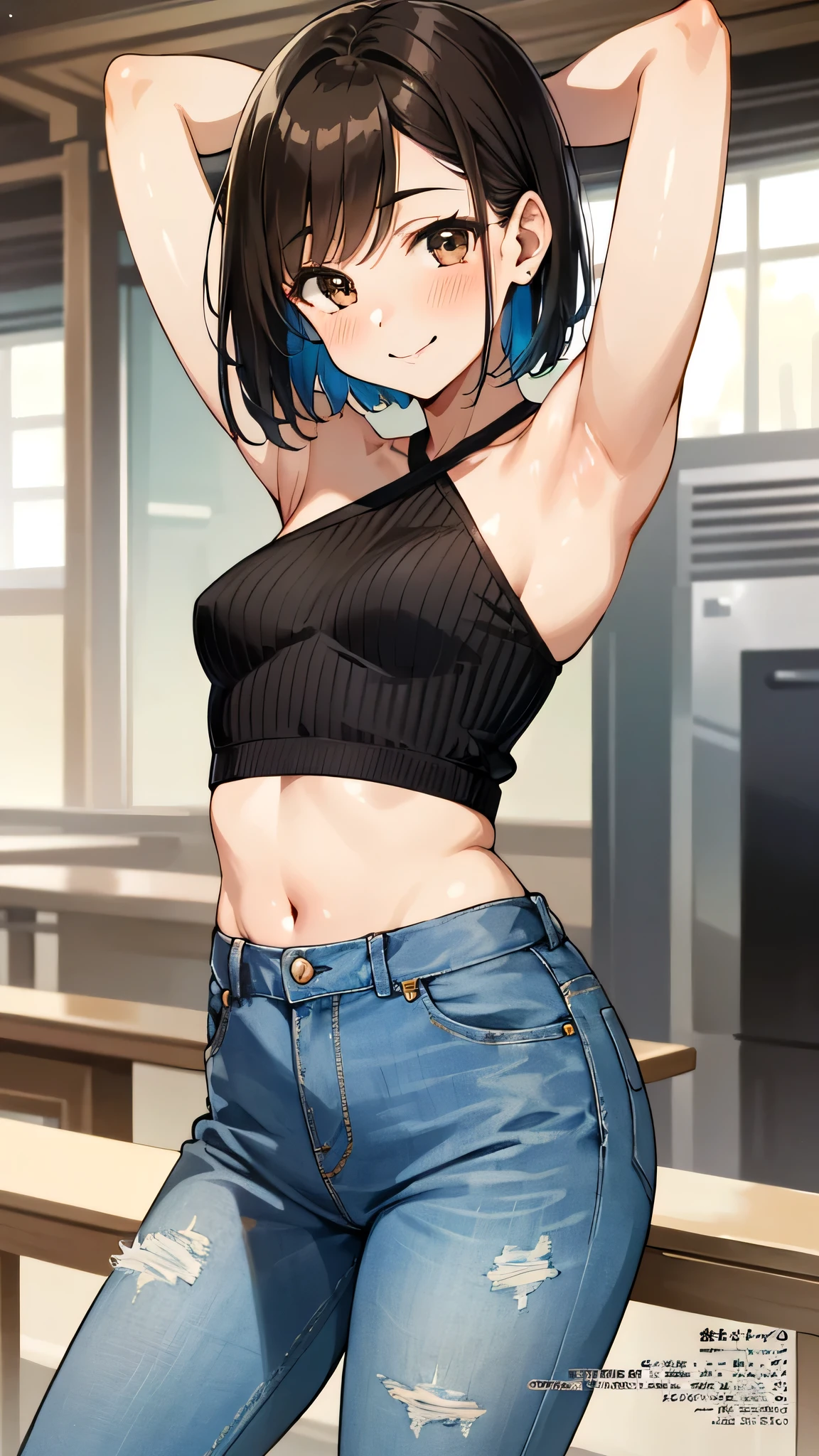 SFW,Hoshimachi Suisei, 28 year old, Mature Woman, blue eyes,blue hair,choker,hair between eyes,medium hair,side ponytail,Star choker,small breastasterpiece:1.2), highest quality, High resolution,(detailed and beautiful eyes:1.6), ((Thick Fat Curvy Thighs)), (Plump), (Plump belly), (belly brood pouch), (perfect hands, perfect anatomy),(((masterpiece))),((highest quality)),light blush, Warm Smile,Bubbly Personality,staring at viewer,whole body,cropped shirt,black mini skirt, black leg satchel, (Belly visible),cleavage,arms raised, ((My body is facing sideways))