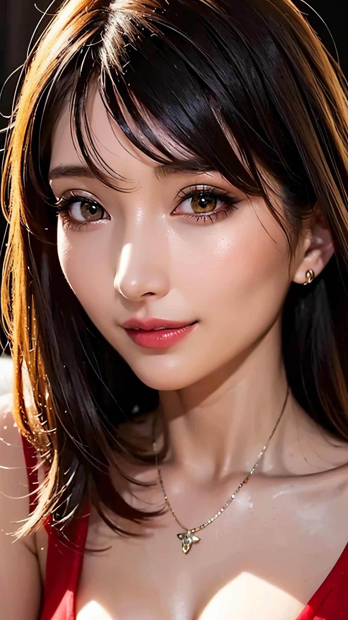 (Highest quality、On the table、8k、Best image quality、Award-winning works)、(Young girl, 14 years old:1.3)、(The perfect V-neck long red sweater:1.2)、(Red eyeshadow:1.2)、Perfect Makeup、Long eyelashes、Ultra HD Shining Eyes、Ultra HD Hair、Ultra-high resolution glossy lips、Ultra High Resolution Perfect Teeth、Ultra HD cute face、Brown Hair、(Very short straight hair:1.1)、Look at me and smile、[clavicle]、Accurate anatomy、Luxury Love Hotel、(The most atmospheric warm light:1.2)、Blurred Background、Has bangs、Ultra-high-definition, shiny, moisturized face、Ultra-high resolution glowing skin、The most delicate face、Super high resolution detailed faces、ultra high resolution hair、Ultra high resolution glowing eyes、Beautiful face with detailed expression、Ultra high resolution glossy red lips、Big Breasts、Split、Fashion Necklace、White camisole