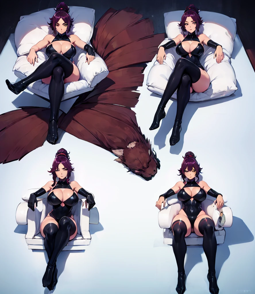 Masterpiece, Dove Camron, cat girl in skin tight black leather straps, fantasy DND character, with fluffy cat tail, golden eyes and short fluffy black hair, full body, midriff, detailed, highres, fantasy, DND, neko, black leather, gold eyes, fluffy tail, professional, intricate details, full body, dungeons and dragons, lewd, NSFW, bondage, stocks, nude art