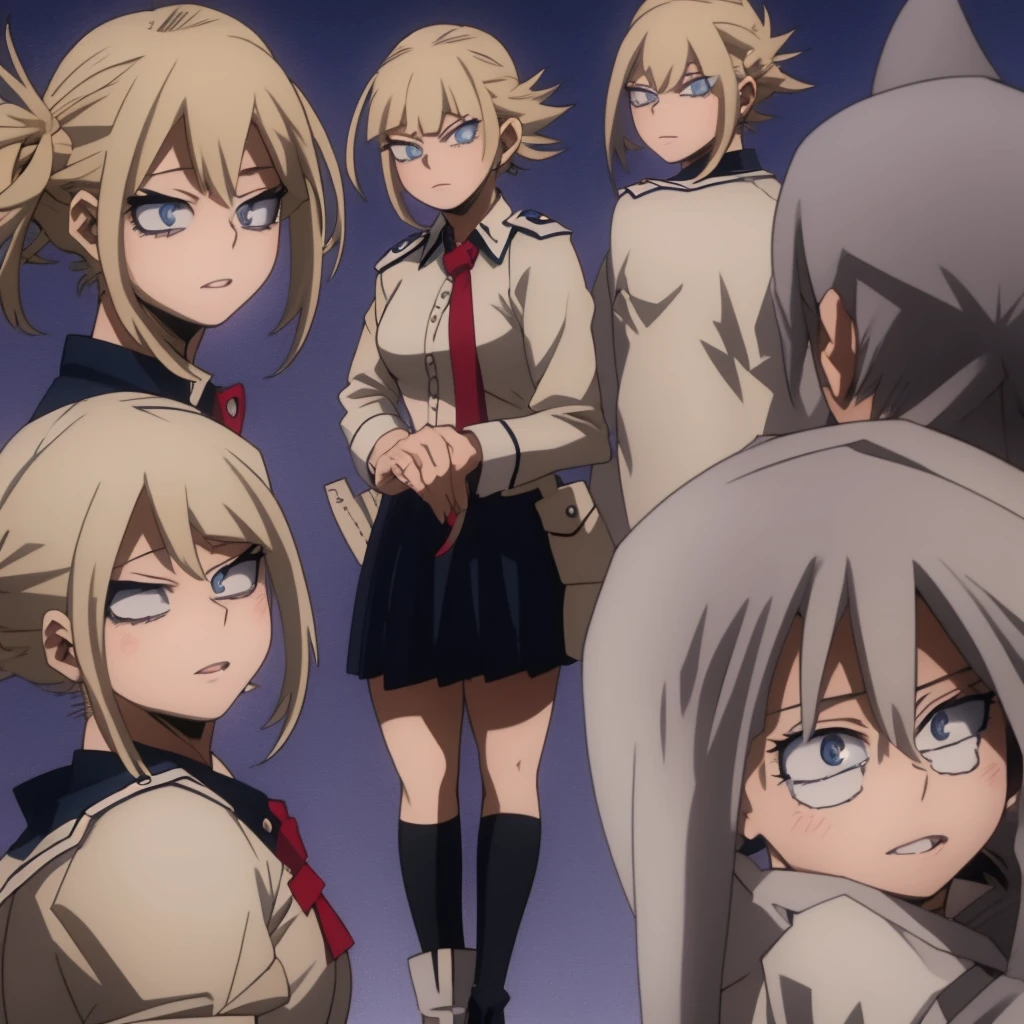 Screencap My Hero Academia, a ager young woman with blue eyes and a beautiful long and blonde hair, big eyelashes, full lips with lip gloss. She wears a uniform consisting of a white shirt and a black skirt. She is animated a the anime style of the anime My hero Academia captura de pantalla blue Lock, animada ala estilo del anime Boku no Hero Academia