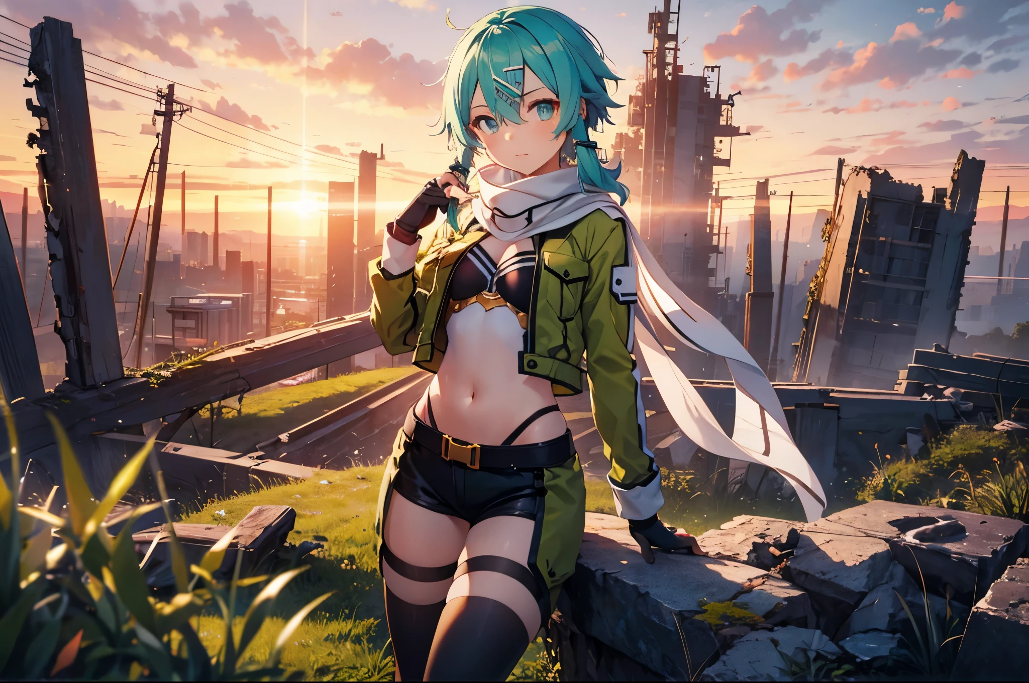 (masterpiece), best quality, expressive eyes, perfect face, highres, sinon1, scarf, fingerless gloves, long sleeves, short shorts,groin, hair ornament, hairclip, green thighhighs, green jacket,covered_nipples, thigh strap, field, sunset_ruin_landscape_background, ruined structures, dynamic_posing, looking at the viewer, ,covered_navel,solo