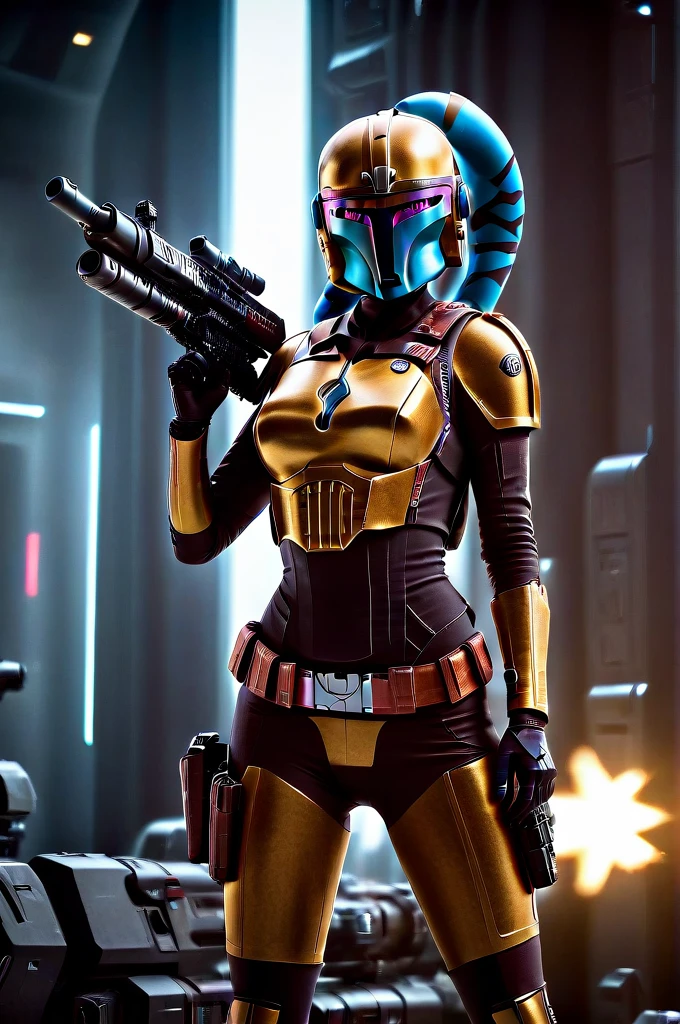 A ((female Twi'lek ))Mandalorian, detailed futuristic armor, intricate helmet, jetpack, blaster rifle, epic pose, dramatic lighting, gritty sci-fi atmosphere, cinematic, dramatic colors, highly detailed, 8k, photorealistic, masterpiece female Twi'lek
