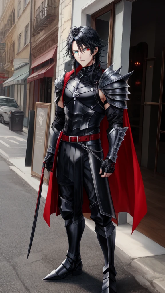 male anime {face perfect},{Bblack hair},{greeneyes},{{cos_whole}},{wearing metal boots},{black armor with red}