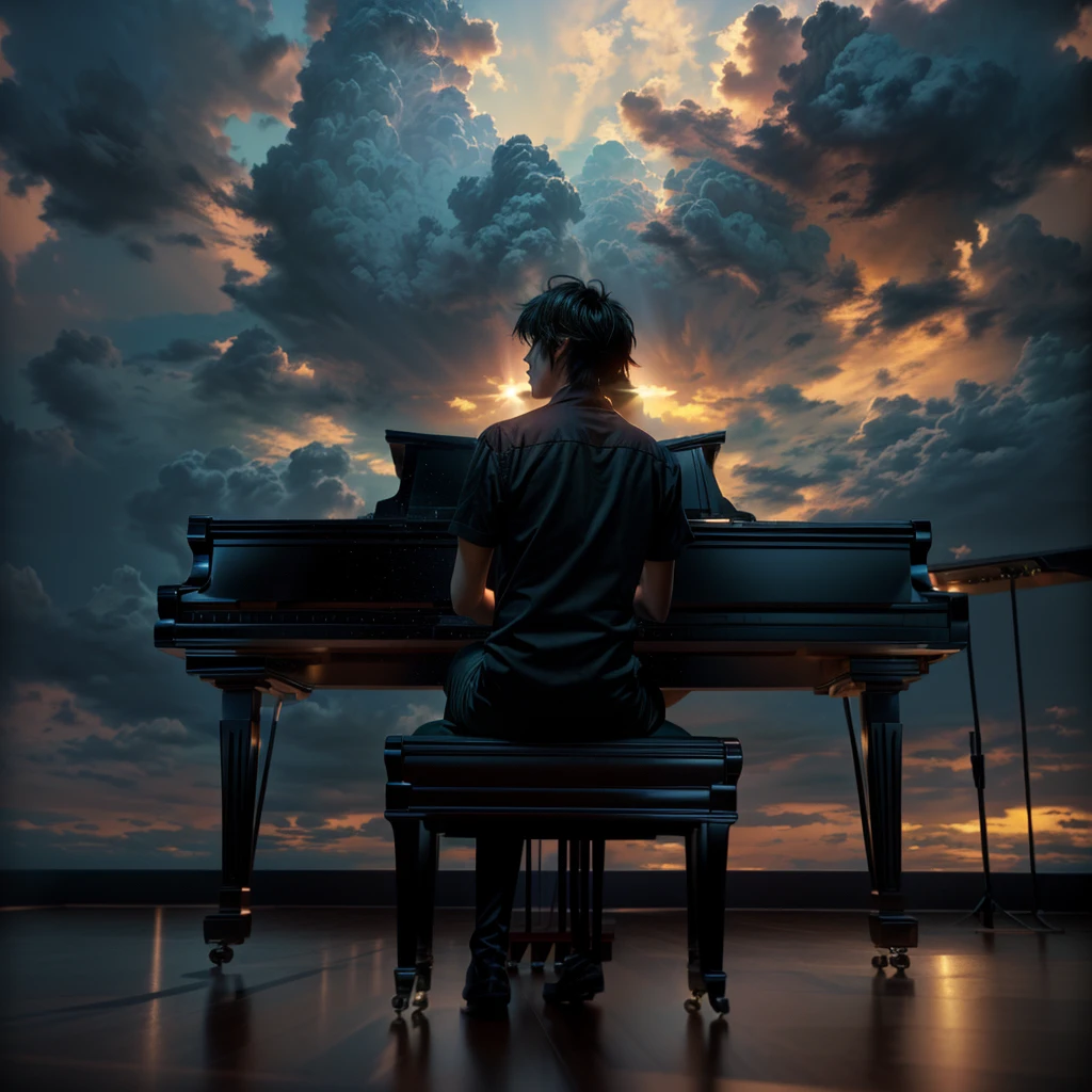 A man in his 50s sitting at a piano in front of a beautiful sky, pianist, Beautiful digital art, inspired by Michael Komarck, Great composition, Emotional concept art, Great composition, Surrounded by clouds and light, Shining Light, A masterpiece of bright light, Great composition, God of Music, makoto shinkai cyril rolando, Makoto Shinkai. Digital Rendering
