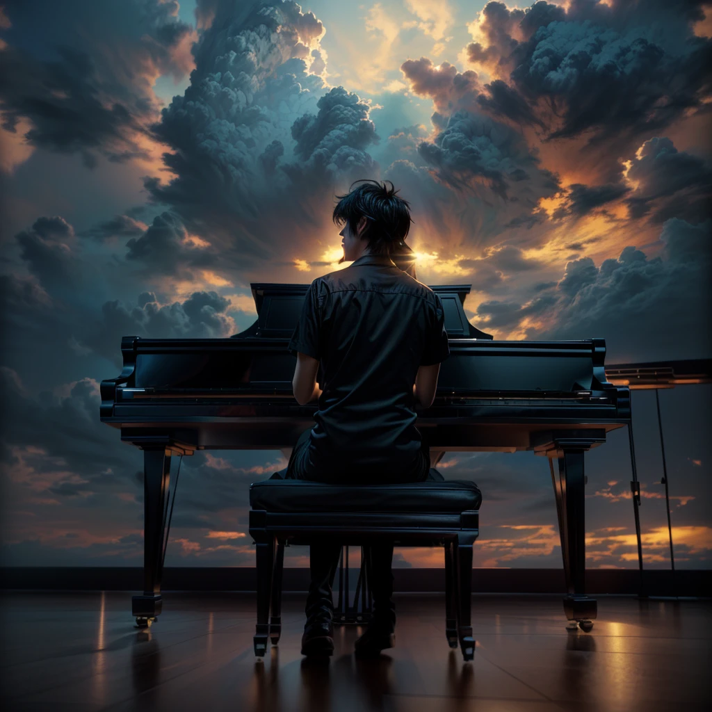 A man in his 50s sitting at a piano in front of a beautiful sky, pianist, Beautiful digital art, inspired by Michael Komarck, Great composition, Emotional concept art, Great composition, Surrounded by clouds and light, Shining Light, A masterpiece of bright light, Great composition, God of Music, makoto shinkai cyril rolando, Makoto Shinkai. Digital Rendering