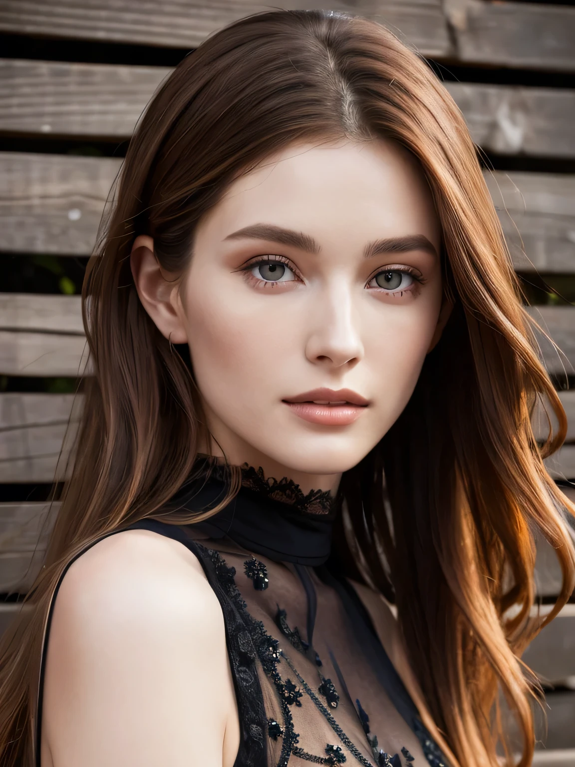 Close up portrait of very long-haired woman in transparent black dress, Portrait of Sophie Mudd, Attractive girl, Very beautiful face, Brown Hair Girl, Anna Nikonova, Also known as New Milky, Beautiful Model girl, Gorgeous and attractive face, Beautiful, round face, Beautiful Model, nodded, Attractive beautiful face, Gorgeous Woman, portrait of a Beautiful Model, Gorgeous young model, background of wood deck wall, Random body orientation,
