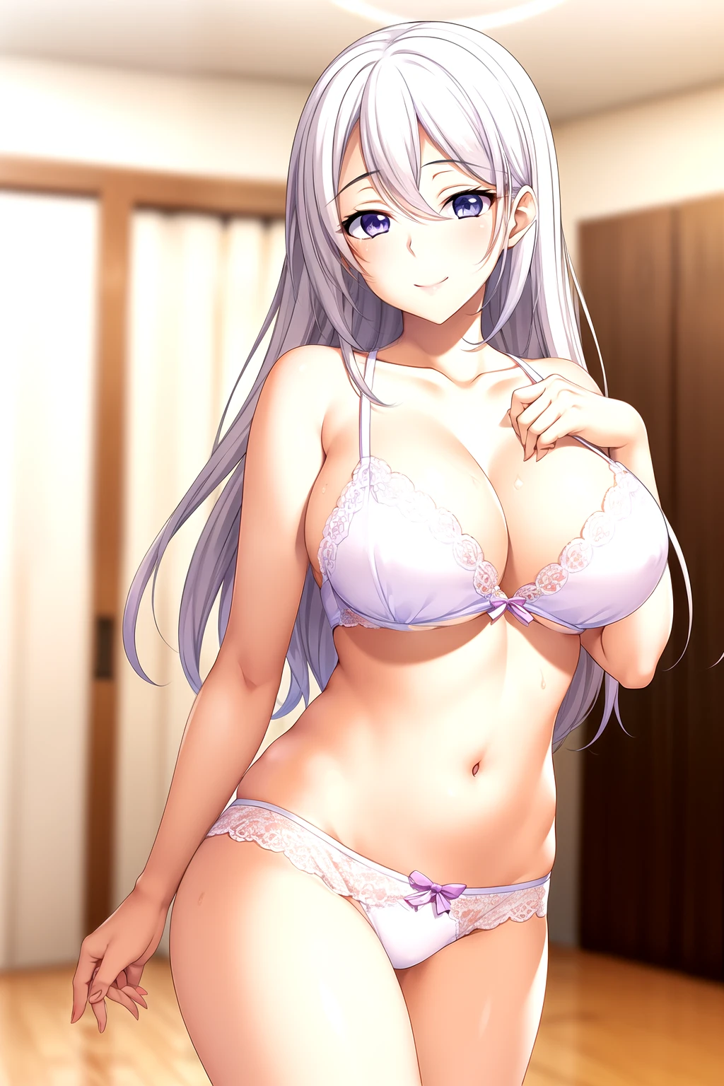 2 girls, mother(Blue eyes, Blonde Hair) and daughter(violet eyes, White Hair), mother (Watase Otoha, Blue eyes, Blonde Hair), daughter(Watase Nagisa, violet eyes, White Hair),Light滑的皮肤, Good, lace, underwear,Full body pictures, 25 years old,Young women,beautiful Finger,beautiful long legs,beautiful body,beautiful Nose,beautiful character design, perfect Eye, perfect Face,expressive Eye,Perfect balance, Looking at the audience,(Focus on her Face),housing, (Innocent_Big goals_Eye:1.0),Light_Smile, Official Art,Very detailed CG unity 8k wallpaper, Perfect lighting,rich and colorful, bright_front_Face_Lighting,Light skin, (masterpiece:1.0),(the best_quality:1.0), Ultra-high resolution,4K,Very detailed, photography, 8K, Human Development Report, high resolution, absurd:1.2, Kodak Portrait 400, Film Grain, Blurred background, Bokeh:1.2, Lens Light Halo, (Energetic_color:1.2),专业photography师, (beautiful,Chest:1.3 (beautiful_Face:1.5),(narrow_waist),Smile, Happy，Slim,2 girls, mother and daughter, Good, underwear