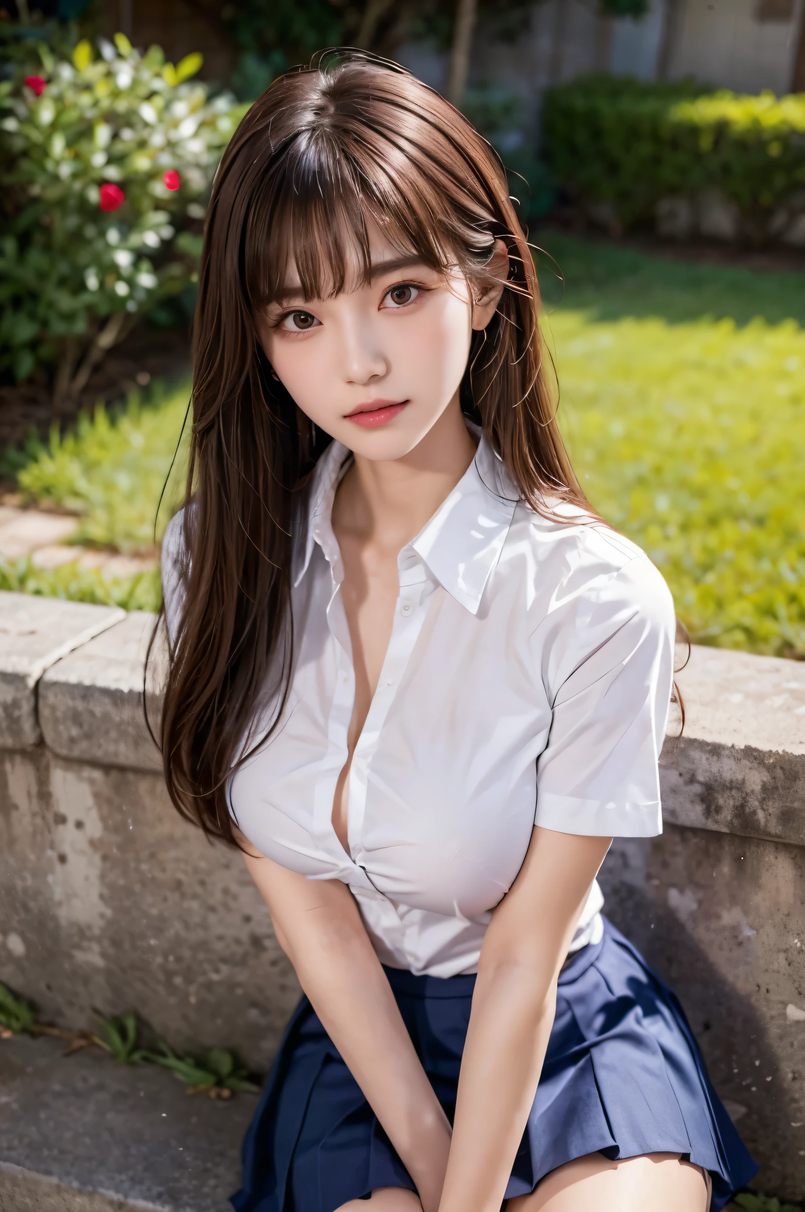 (ultra HD), (School uniform with short sleeves, White collared shirt, Navy Blue Skirt), (Big Breasts:1.5), (The cleavage is visible), slender, whole body, (Clean and shiny skin, Whitening, No makeup), (Super slender face, Super beautiful face, Delicate face), (long hair, Layered Cut, Fluffy hair,light brown), (Patchy double eyelids, Slanted Eyes), Small Nose, Thin lips, Thin legs, Schoolyard