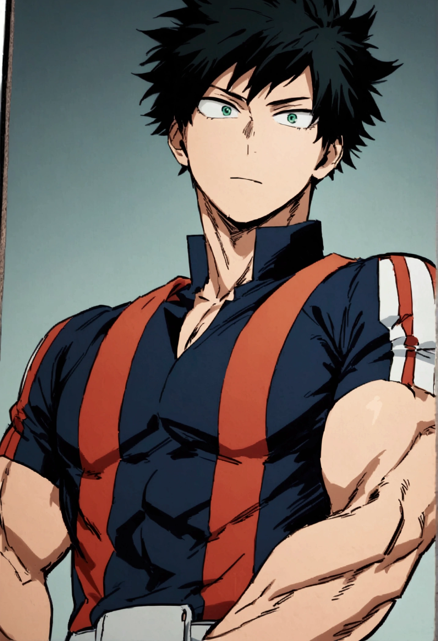 He is a 17 year old teenager, He has slightly disheveled black hair..., somewhat light green eyes, (front angle ), (identity card photo)  , muscular body , He is dressed in the anime uniform. "my hero academia"