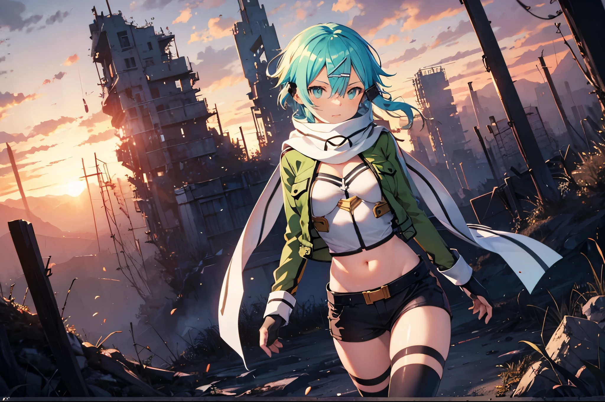 (masterpiece), best quality, expressive eyes, perfect face, highres, sinon1, scarf, fingerless gloves, long sleeves, short shorts,groin, hair ornament, hairclip, green thighhighs, green jacket,covered_nipples, thigh strap, field, sunset_ruin_landscape_background, ruined structures, dynamic_posing, looking at the viewer, ,covered_navel