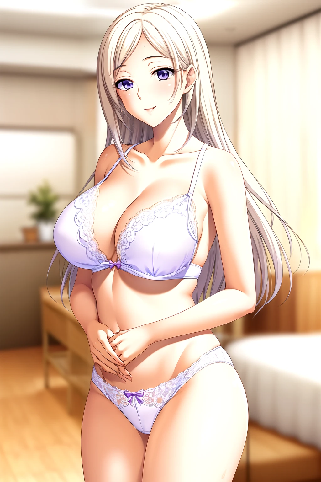 girls, mother(Blue eyes, Blonde Hair) and daughter(violet eyes, White Hair), mother (Watase Otoha, Blue eyes, Blonde Hair), daughter(Watase Nagisa, violet eyes, White Hair),Light滑的皮肤, Good, lace, underwear,Full body pictures, 25 years old,Young women,beautiful Finger,beautiful long legs,beautiful body,beautiful Nose,beautiful character design, perfect Eye, perfect Face,expressive Eye,Perfect balance, Looking at the audience,(Focus on her Face),housing, (Innocent_Big goals_Eye:1.0),Light_Smile, Official Art,Very detailed CG unity 8k wallpaper, Perfect lighting,rich and colorful, bright_front_Face_Lighting,Light skin, (masterpiece:1.0),(the best_quality:1.0), Ultra-high resolution,4K,Very detailed, photography, 8K, Human Development Report, high resolution, absurd:1.2, Kodak Portrait 400, Film Grain, Blurred background, Bokeh:1.2, Lens Light Halo, (Energetic_color:1.2),专业photography师, (beautiful,Chest:1.3 (beautiful_Face:1.5),(narrow_waist),Smile, Happy，Slim,2 girls, mother and daughter, Good, underwear, 2 girls, mother(Blue eyes, Blonde Hair) and daughter(violet eyes, White Hair)