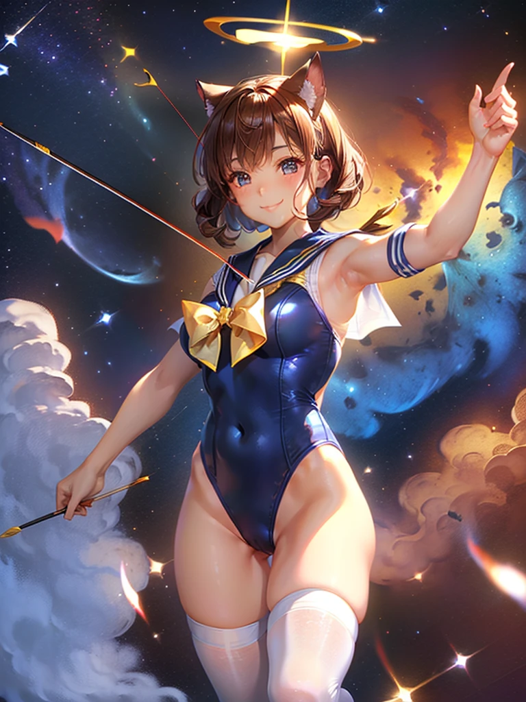 Highest quality,Highest Resolution,Masterpiece,(((A beautiful girl in a sailor leotard with a smile on her face))),High leg,Frills,White knee-high stockings,,Red tie,Cat ear,(((Halation))),Brown hair short bob,(((Elaborate:archery))),White angel wings on the back,universe,Milky Way,Meteor,dark,Bow of Light,whole body,Bow of Light,A distant view,Side view,(((Draw the bow))),Halo,弓を引いている,