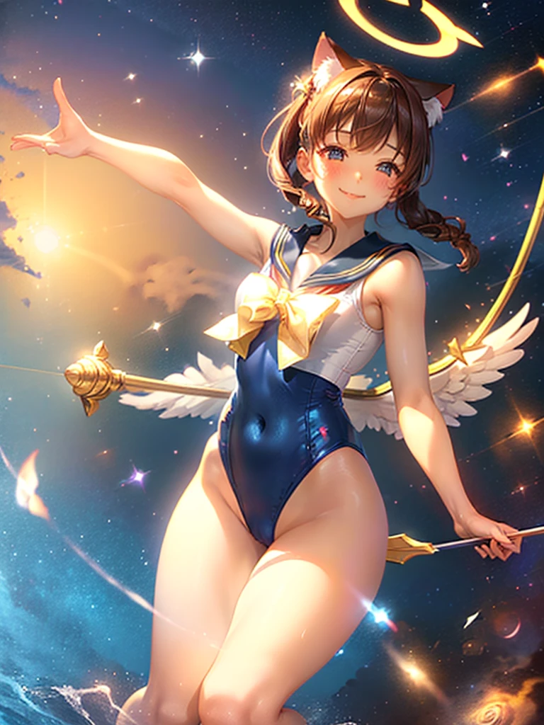 Highest quality,Highest Resolution,Masterpiece,(((A beautiful girl in a sailor leotard with a smile on her face))),High leg,Frills,White knee-high stockings,,Red tie,Cat ear,(((Halation))),Brown hair short bob,(((Elaborate:archery))),White angel wings on the back,universe,Milky Way,Meteor,dark,Bow of Light,whole body,Bow of Light,A distant view,Side view,(((Draw the bow))),Halo,弓を引いている,