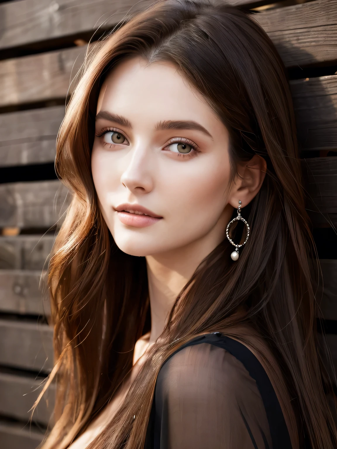 Close up portrait of very long-haired woman in transparent black dress, Portrait of Sophie Mudd, Attractive girl, Very beautiful face, Brown Hair Girl, Anna Nikonova, Also known as New Milky, Beautiful Model girl, Gorgeous and attractive face, Beautiful, round face, Beautiful Model, nodded, Attractive beautiful face, Gorgeous Woman, portrait of a Beautiful Model, Gorgeous young model, background of wood deck wall, Random body orientation,