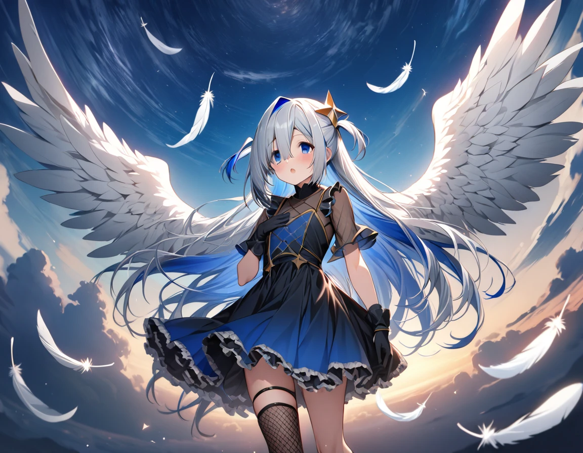 best quality,ultra detailed,extremely detailed and beautiful,perfect anatomy,perfect hands,singing In the sky,Fantastic sky,Scattered Feathers,(amane kanata),solo, angel, angel_wings, asymmetrical hair,silver hair,mesh (blue), very long hair, two side up,flat chest,(black frill dress)+,black gloves, (white jacket)+++,opened jacket,asymmetrical legwear,