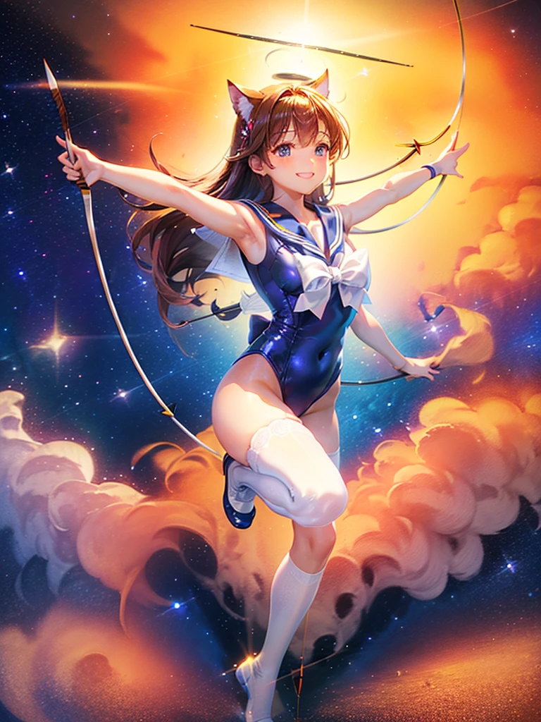 Highest quality,Highest Resolution,Masterpiece,(((A beautiful girl in a sailor leotard with a smile on her face))),High leg,Frills,White knee-high stockings,,Red tie,Cat ear,(((Halation))),Brown hair short bob,(((Elaborate:archery))),White angel wings on the back,universe,Milky Way,Meteor,dark,Bow of Light,whole body,Bow of Light,A distant view,Side view,(((Draw the bow))),Halo,弓を引いている,