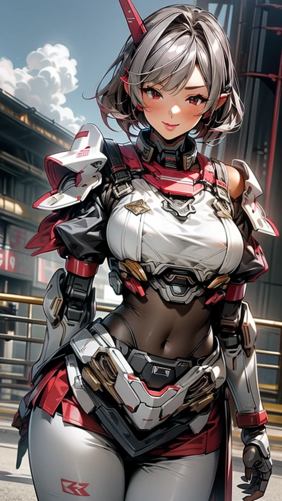 8k，best quality，masterpiece，Very detailed，Semi-realistic，a girl，White off-shoulder top，White gloves，White and red striped tight skirt，Silver wavy short hairstyle，Red eyes，Makeup Eyeshadow，Lipstick，Smile，science fiction apocalypse，Fighter warehouse，chest mecha，Large Breasts，Ears with sky wire，Arm mecha