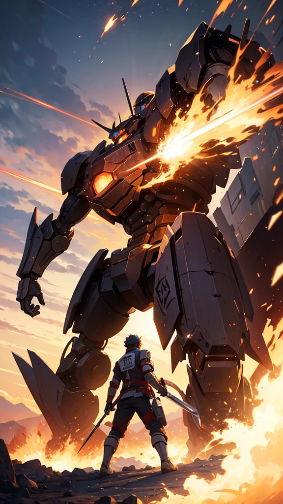 one men , Fighting a giant robot ,destroyed cenario , sparks of fire , epic scenery , man with sword