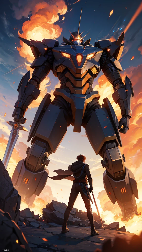 one men , Fighting a giant robot ,destroyed cenario , sparks of fire , epic scenery , man with sword