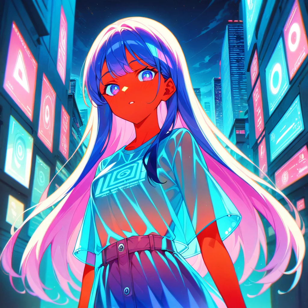 score_9_up, score_8_up, score_7_up, score_6_up, source_anime,intense angle、1girl、2d, flat、Transparent color PVC clothing, Transparent Color Vinyl Clothing, Prismatic, Holographic, chromatic aberration, Fashion Illustration,City、Night view