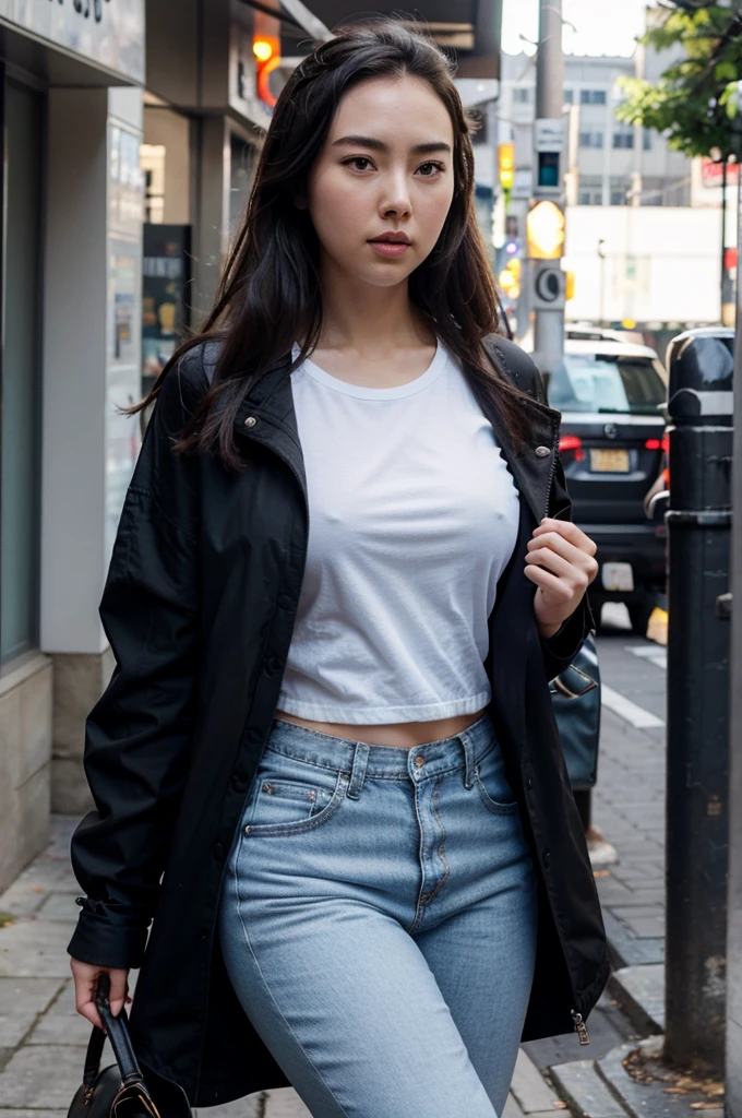 Jessica Henwick, black jacket, white t-shirt, short blue jeans.
