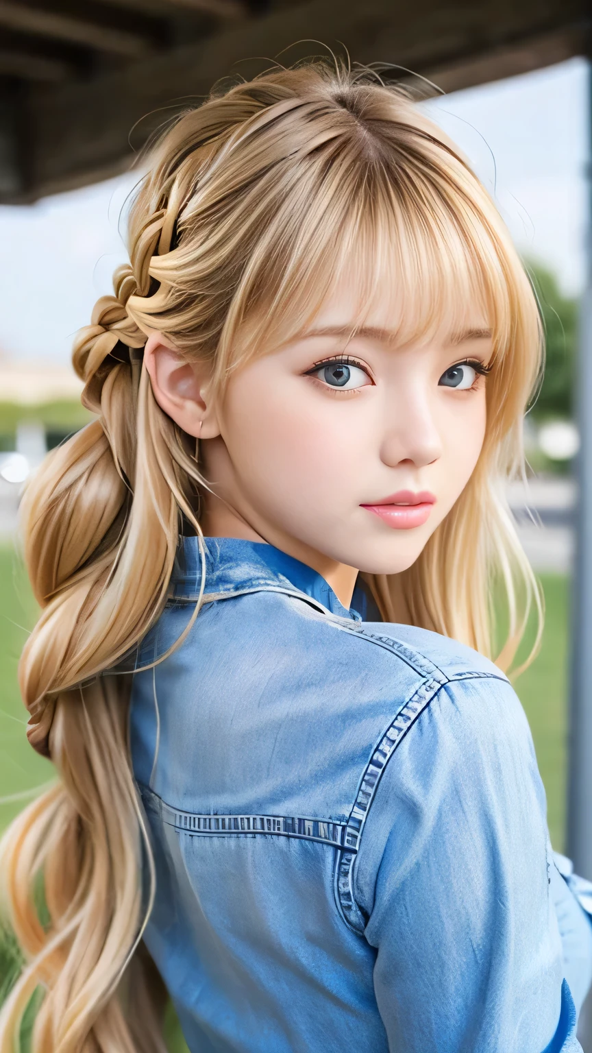 Sexy Big 、Sexy cute looks and cute 15 year old beautiful girl, beautiful and sexy face、A strong wind blows my hair in front of my face、beautiful long blonde French braided hair、beautiful, Cute and sexy eyes hidden behind long bangs