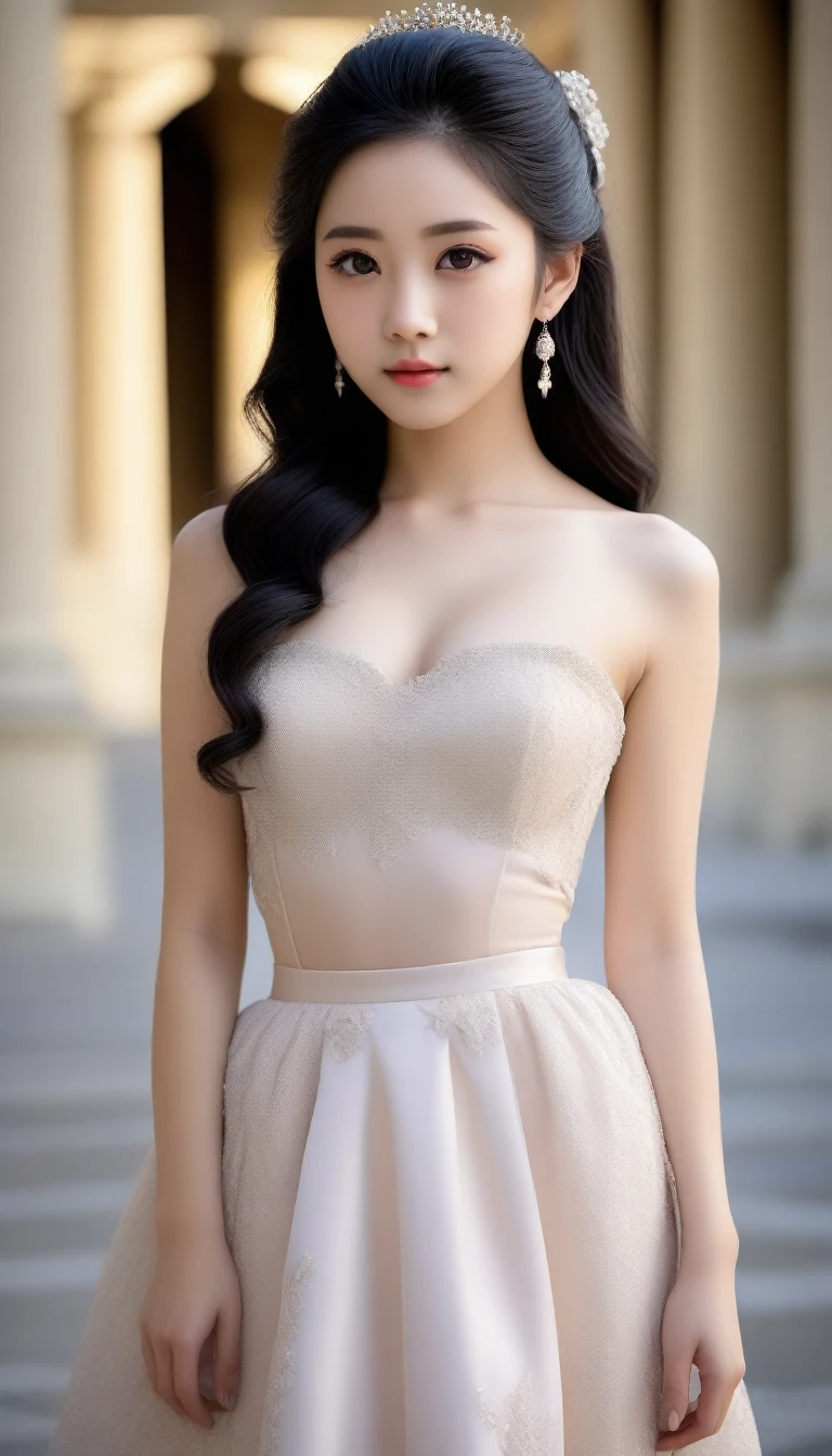 8k, Ultra-high resolution, Highest quality, masterpiece, 三分割法によるphotograph,Surreal, photograph, 1 Girl, (16 years old:1.3), pretty girl, Cute Face, Beautiful eyes in every detail, 細かくdetailedに,masterpiece,One Girl:1.2, Japan Female Announcer,full body,disgust,Long black hair,Curl inside hair,(Nobility of the Bourbon dynasty:1.3),(印象派の美しい少女のPortraiture), Lady,(Standing in the square of the Palace of Versailles:1.3), (After the Rain), (Sunset reflection), (Impressionist light and colour),Realistic Skin, Perfect and beautiful face ,完璧でCute Face, Skin with attention to detail, Perfect limbs、Narrow waist,Looking at the audience、beauty,Long neck、(((Ideal body type))),A cup small breasts :2,Portraiture:2,Perfect Anatomy,鮮明なdetailed,detailed,Surreal,Light and shadow,darkness