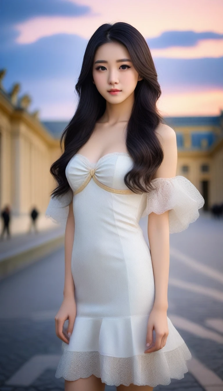8k, Ultra-high resolution, Highest quality, masterpiece, 三分割法によるphotograph,Surreal, photograph, 1 Girl, (16 years old:1.3), pretty girl, Cute Face, Beautiful eyes in every detail, 細かくdetailedに,masterpiece,One Girl:1.2, Japan Female Announcer,full body,disgust,Long black hair,Curl inside hair,(Nobility of the Bourbon dynasty:1.3),(印象派の美しい少女のPortraiture), Lady,(Standing in the square of the Palace of Versailles:1.3), (After the Rain), (Sunset reflection), (Impressionist light and colour),Realistic Skin, Perfect and beautiful face ,完璧でCute Face, Skin with attention to detail, Perfect limbs、Narrow waist,Looking at the audience、beauty,Long neck、(((Ideal body type))),A cup small breasts :2,Portraiture:2,Perfect Anatomy,鮮明なdetailed,detailed,Surreal,Light and shadow,darkness