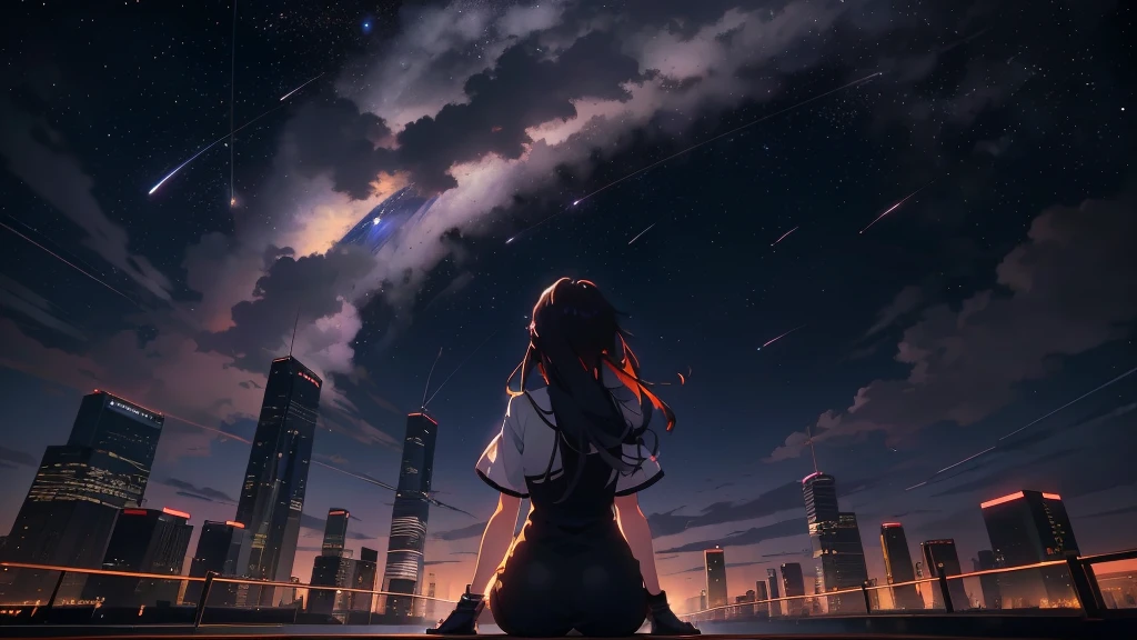 Anime girl sitting on a ledge looking at the night city, 4k anime wallpaper, Anime Art Wallpapers 8K, Anime Style 4k, anime wallpaper 4k, anime wallpaper 4k, anime art wallpaper 4k, anime art wallpaper 4k, Space Sky. by makoto shinkai, looming over a city, Makoto Shinkai Cyril Rolland, Anime Sky