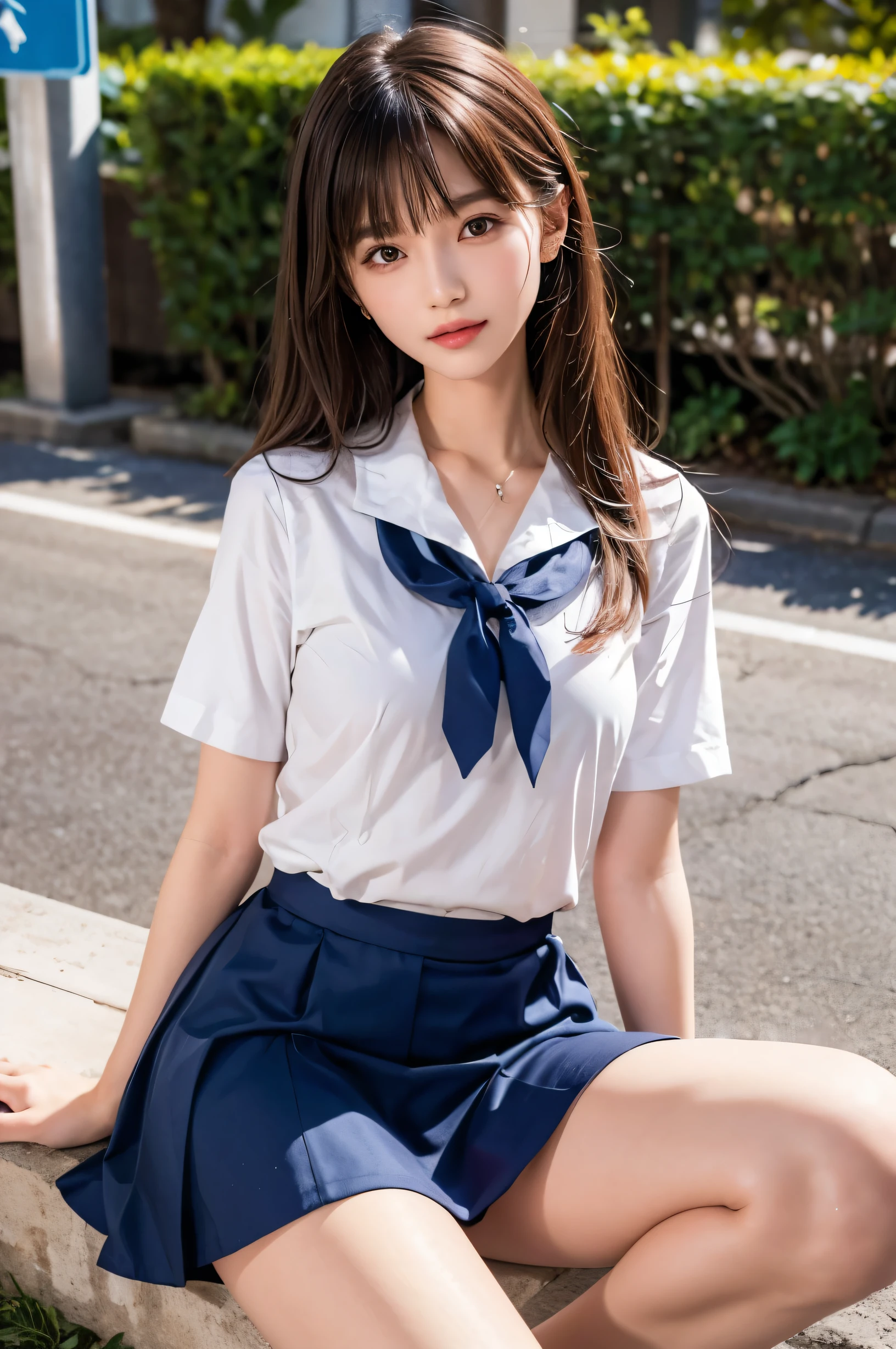 (ultra HD), (White short sleeve shirt, Sailor suit, Navy blue mini skirt, Tight fit), Big Breasts, Slender, whole body, (Clean and shiny skin, Whitening, No makeup), (超Slenderな顔立ち, Super beautiful face, Delicate face), (long hair, Layered Cut, Fluffy hair,light brown), (Patchy double eyelids, Slanted Eyes), Small Nose, Thin lips, Thin legs, Schoolyard