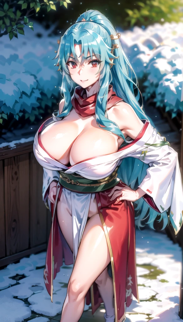 photorealistic, (4k), depth of field, (Masterpiece), (realistic skin texture), extremely detailed, intricate, hyper detailed, high resolution, professional photography, bokeh, sharp detail, best quality, woman,  (green kimono), long hair, aqua hair, ponytail, red eyes, red scarf, large breasts, standing with hands on hips , mountain path, snowing, snow, japanese style, japanese village,