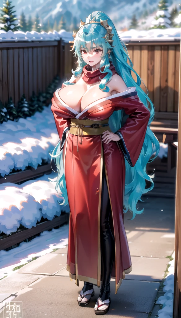 photorealistic, (4k), depth of field, (Masterpiece), (realistic skin texture), extremely detailed, intricate, hyper detailed, high resolution, professional photography, bokeh, sharp detail, best quality, woman,  (green kimono), long hair, aqua hair, ponytail, red eyes, red scarf, large breasts, standing with hands on hips , mountain path, snowing, snow, japanese style, japanese village,