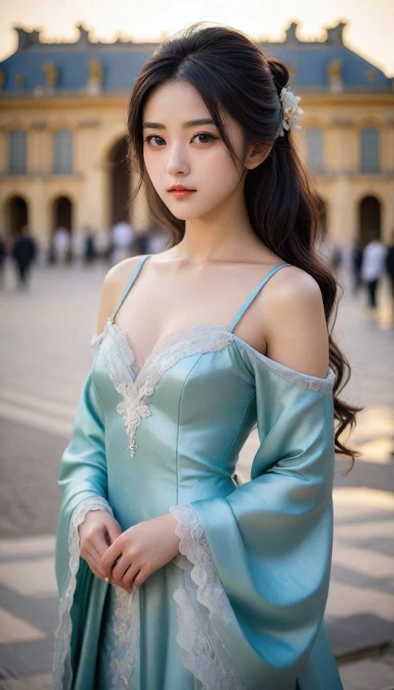 8k, Ultra-high resolution, Highest quality, masterpiece, 三分割法によるphotograph,Surreal, photograph, 1 Girl, (16 years old:1.3), pretty girl, Cute Face, Beautiful eyes in every detail, 細かくdetailedに,masterpiece,One Girl:1.2, Japan Female Announcer,full body,disgust,Long black hair,Curl inside hair,(Nobility of the Bourbon dynasty:1.3),(印象派の美しい少女のPortraiture), Lady,(Standing in the square of the Palace of Versailles:1.3), (After the Rain), (Sunset reflection), (Impressionist light and colour),Realistic Skin, Perfect and beautiful face ,完璧でCute Face, Skin with attention to detail, Perfect limbs、Narrow waist,Looking at the audience、beauty,Long neck、(((Ideal body type))),A cup small breasts :2,Portraiture:2,Perfect Anatomy,鮮明なdetailed,detailed,Surreal,Light and shadow,darkness