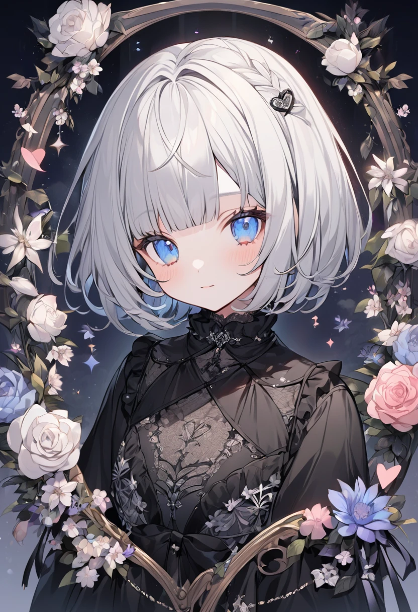 The person in the image appears to be a VTuber, an online content creator using a virtual avatar. Here are the features, including the clothing:
Hair: The VTuber has short, silver hair with bangs. The hair is styled in a short bob cut with black bows on each side.
Eyes: She has large, blue eyes with a gentle, slightly closed expression.
Clothing: She is wearing a black dress with lace details. The dress has a high collar and a unique crisscross pattern on the chest, adorned with floral designs.
Background: The background is white with cute decorations such as clouds, hearts, and the letter "Z" suggesting a dreamy or sleep-related theme.
Comments Section: On the right side of the screen, there is a live comment section in Japanese.
This VTuber has a cute and elegant appearance, with a gothic lolita-style outfit and short bob haircut.
