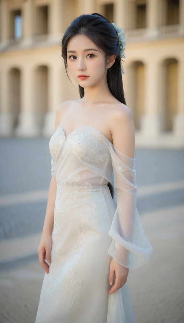 8k, Ultra-high resolution, Highest quality, masterpiece, 三分割法によるphotograph,Surreal, photograph, 1 Girl, (:1.3), pretty girl, Cute Face, Beautiful eyes in every detail, 細かくdetailedに,masterpiece,One Girl:1.2, Japan Female Announcer,full body,disgust,Long black hair,Curl inside hair,(Nobility of the Bourbon dynasty:1.3),(印象派の美しい少女のPortraiture), Lady,(Standing in the square of the Palace of Versailles:1.3), (After the Rain), (Sunset reflection), (Impressionist light and colour),Realistic Skin, Perfect and beautiful face ,完璧でCute Face, Skin with attention to detail, Perfect limbs、Narrow waist,Looking at the audience、beauty,Long neck、(((Ideal body type))),A cup small breasts :2,Portraiture:2,Perfect Anatomy,鮮明なdetailed,detailed,Surreal,Light and shadow,darkness