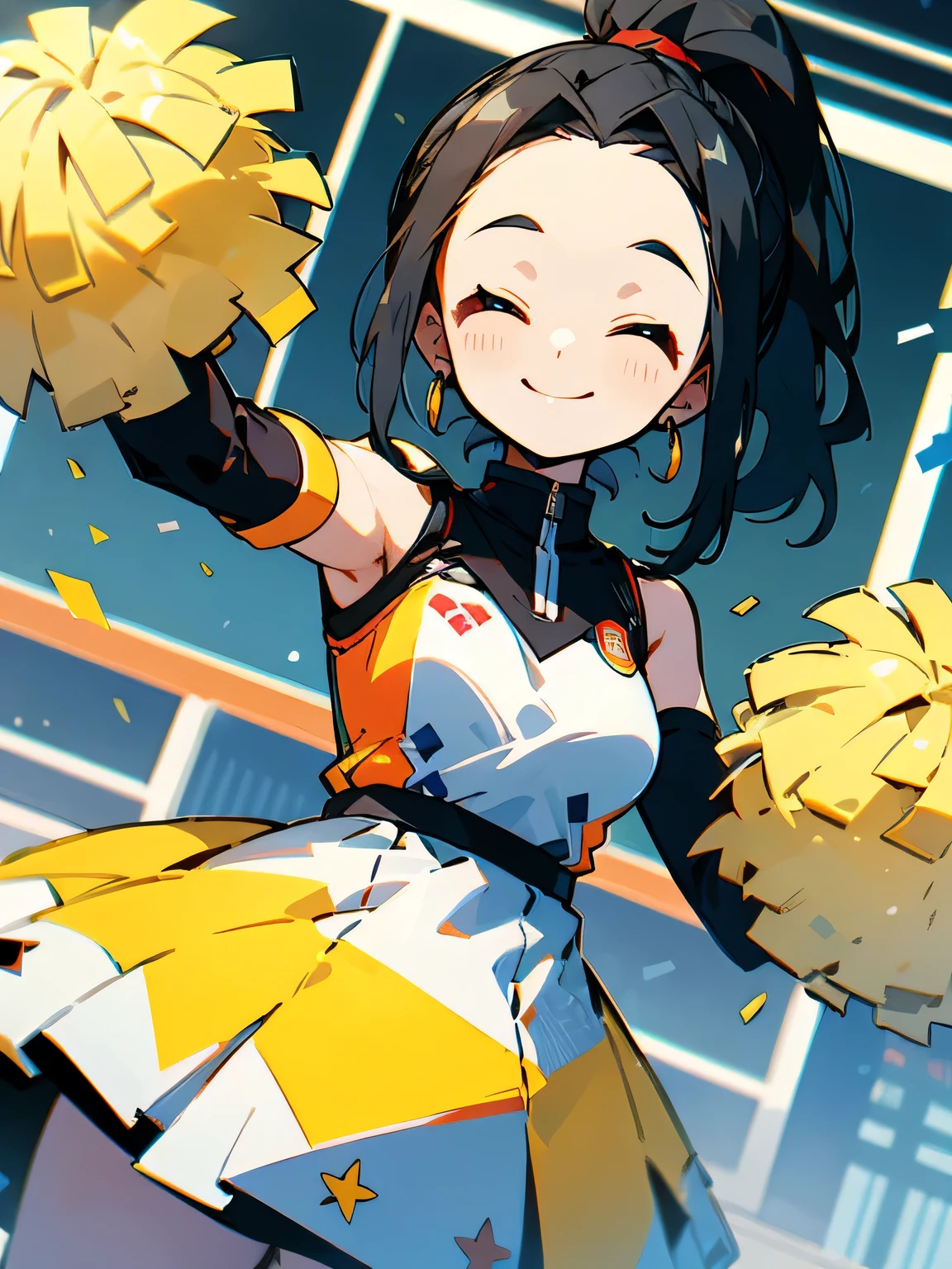 solo,(dutch angle),black hair,straight thin ponytail,big forehead,red eyes,closed eyes smile, no sleeve dress,(cheer model action pose),