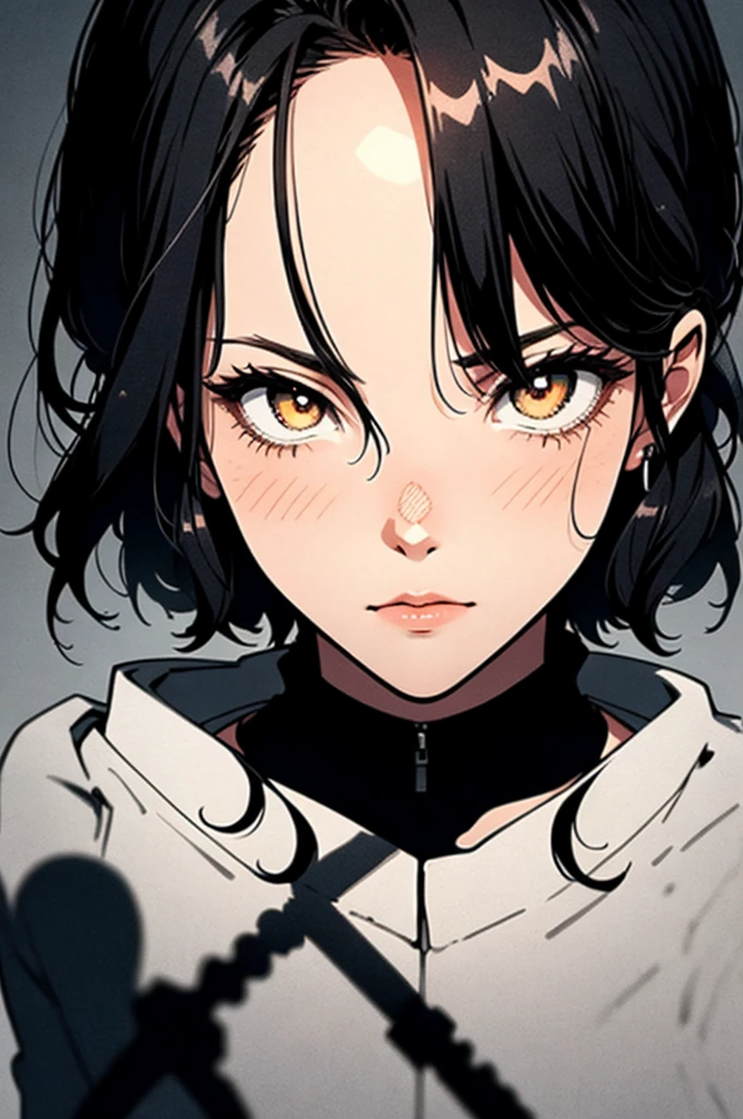 (((One girl))), ((Tightened)), Female focus, first work, high quality, (first work:1.2), (Better Quality:1.2), Glowing Skin, Realist, Brilliant, Complex, ((Black Hair)), (Long Hair), olhos azuis de gino, olhos de gino, stripe, Hair between the eyes, Looking_in_Audience, red_eyeliner, ＦＨ, Sexy Eyes, AudienceをLooking, The pupils contracted, Dynamic pose, (Shadow on face:1.3), Dark Room, Shadow Room, Sexy look , (Upper Body), Chinese traditional ink painting, (Sexy Serious)