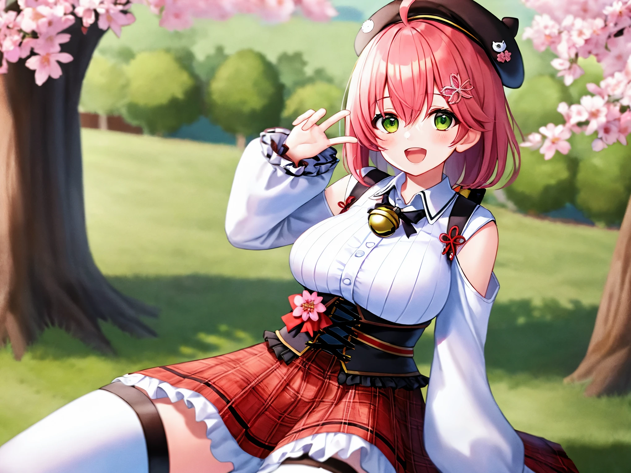 masutepiece, Best_Quality, hight_resolution, miko2,Ponytail, 1girl, Ahoge, black headwear, Hair Ornament, White shirt, black thighhighs, Pink hair, Red_skirt, very_short_skirt, plaid skirts, garter_strap, Collared shirt, hair clips, frilld, Bangs, hair between eye, frills skirt, beret, Pleated skirt, Hair Flower, Neck bell, , puffy long sleeves, Black bow, Underbust, Cowboy Shot,Smile, large_breasts,covered_nipples, covered_pussy,green_eyes, happy, childlike_posing,spread_legs,(big_smile:1.2),plump,open_mouth,shout,half_eyes,cherryblossom_parklandscape__background,