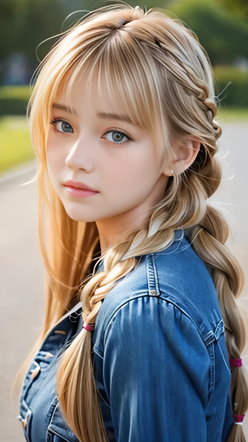 Sexy Big 、Sexy cute looks and cute 15 year old beautiful girl, beautiful and sexy face、A strong wind blows my hair in front of my face、beautiful long blonde French braided hair、beautiful, Cute and sexy eyes hidden behind long bangs
