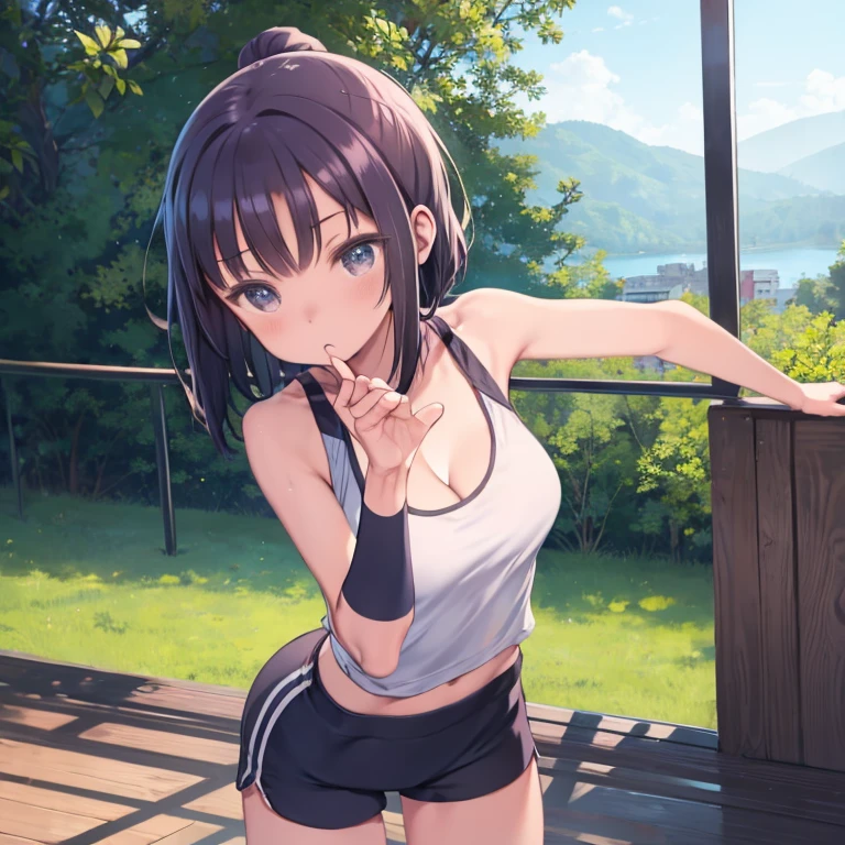 One Woman、Yoga poses、Forward bending、Tank top、Shorts、Training wear、Cleavage、Angle from the front、