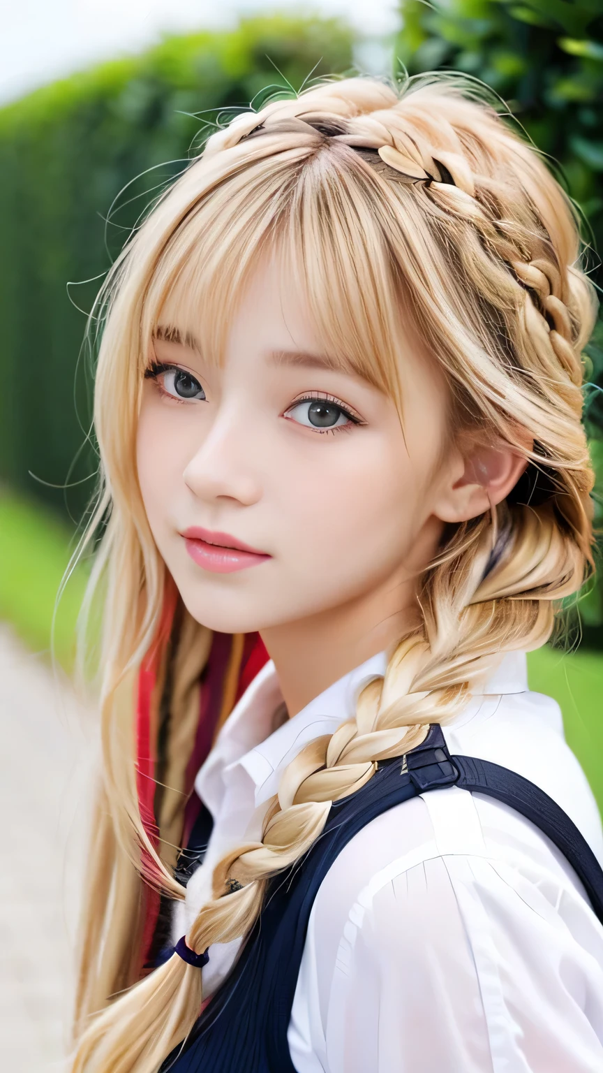Sexy Big 、Sexy cute looks and cute beautiful girl, beautiful and sexy face、A strong wind blows my hair in front of my face、beautiful long blonde French braided hair、beautiful, Cute and sexy eyes hidden behind long bangs