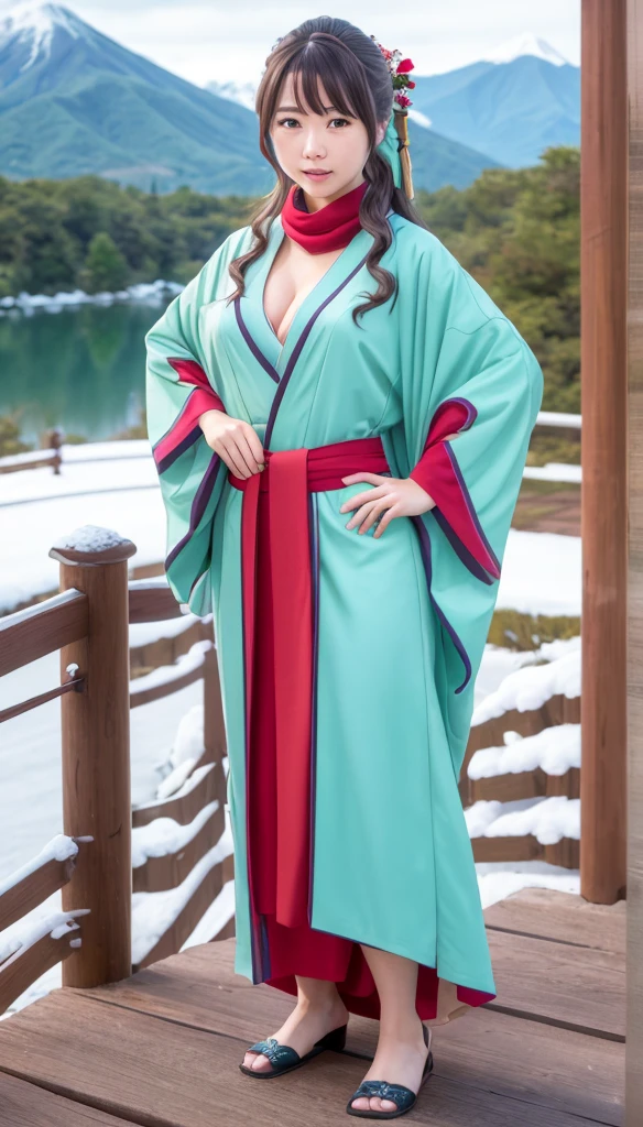 photorealistic, (4k), depth of field, (Masterpiece), (realistic skin texture), extremely detailed, intricate, hyper detailed, high resolution, professional photography, bokeh, sharp detail, best quality, woman,  (green kimono), long hair, aqua hair, ponytail, red eyes, red scarf, large breasts, standing with hands on hips , mountain path, snowing, snow, japanese style, japanese village,