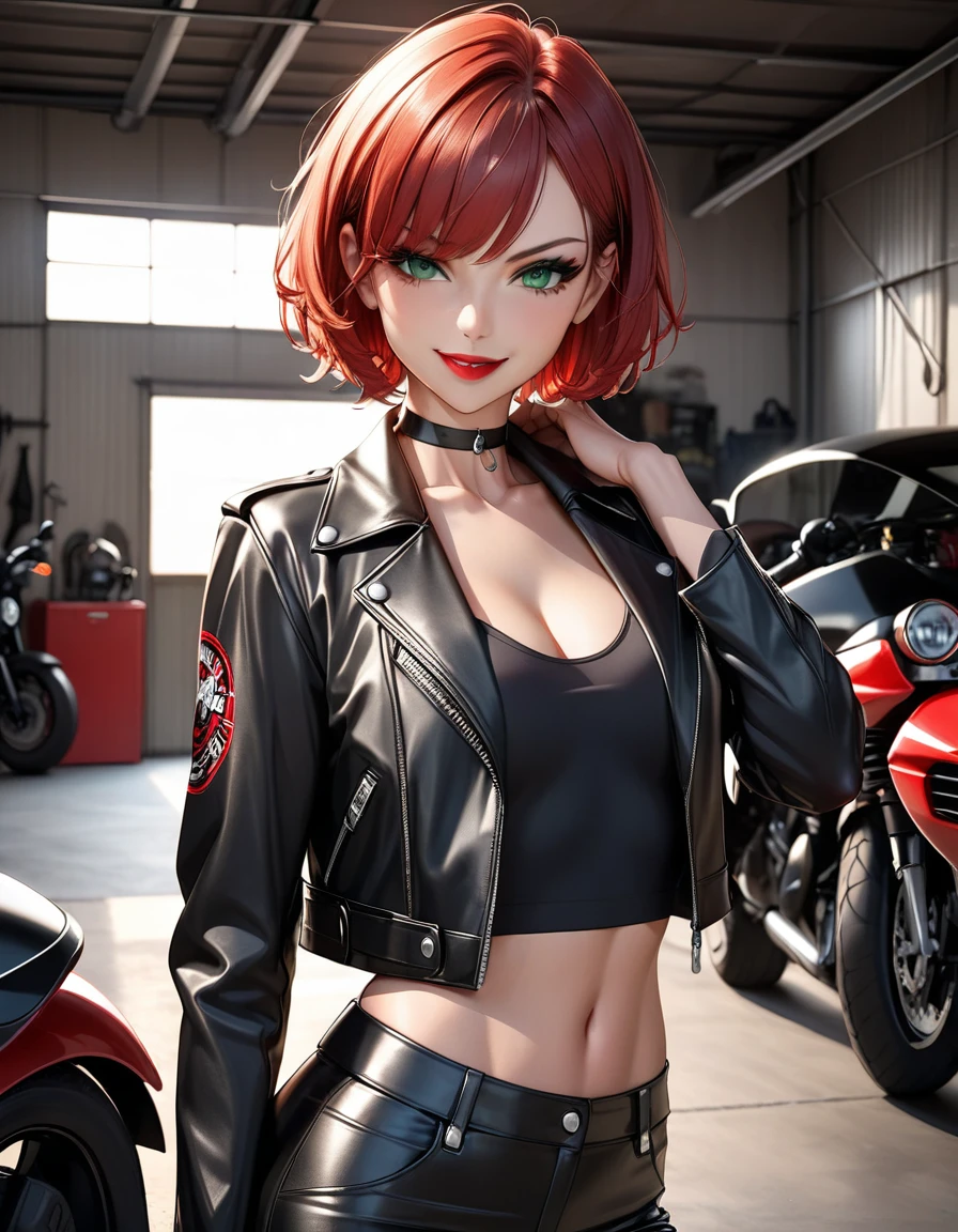 ((medium chest, tomboy girl, small head)), daylight, sunshine, (perfect body: 1.1), (young), (short wavy hair: 1.2), choker, full body photo, busy street, ((miniskirt)) , (extremely detailed CG 8k wallpaper), (an extremely delicate and beautiful one), (masterpiece), (best quality: 1.0), (ultra highres: 1.0), beautiful lighting, hard nipple, perfect lighting, pulled skirt,  realistic shadows, [highres], detailed, ultra-detailed skin, open thigh, one leg up, crouched on the floor, black thigh, red high heels, large earring, thighs, (((color))), (loosely worn top), beauty brand, bottom angle, (((Best quality)), ((masterpiece)), 1woman, ((standing behind a GP bike)), standing with legs apart, high heels, (huge engine: 1.1), (red motorcycle:  1.3), (large wheels:1.1), (big bike:1.4), back, nipple sliding,(realistic:1.5),photorealistic, octane rendering,hyperrealistic, wide hips,huge thighs,white pants,(photorealistic face:1.2),necklace,(small breasts: 1.1), thick eyelashes, long eyelashes, (twin tails: 1.1), (redhead: 1.1), hair ribbon, arm straps, choker, (white lingerie: 1.3), best quality, nsfw, cameltoe, hair with locks,  half smile, (victory sign), (looking at the viewer), sharp focus, (4k), (Masterpiece), (best quality), fantasy, extremely detailed, intricate, hyper detailed, (perfect face), illustration, soft lighting, ( specular lighting:1.4),blue eyes,absurdly